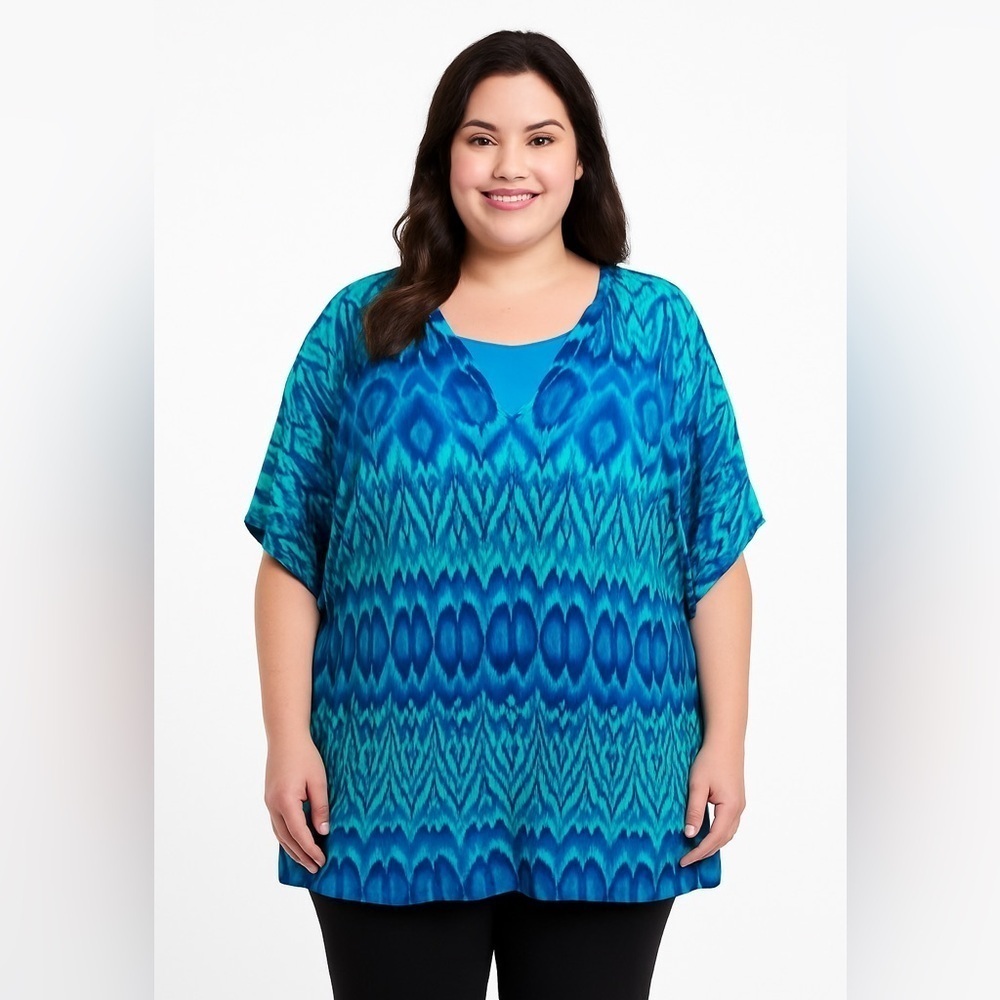 MAGGIE BARNES FOR CATHERINES WOMENS SZ 2X BLUE PEACOCK LOOK DESIGN
